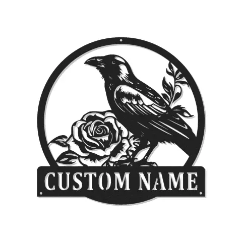 Panneau en métal Raven personnalisé | Art mural gothique avec rose personnalisée | Décor vintage rétroéclairé d'oiseau pour la maison ou le bureau