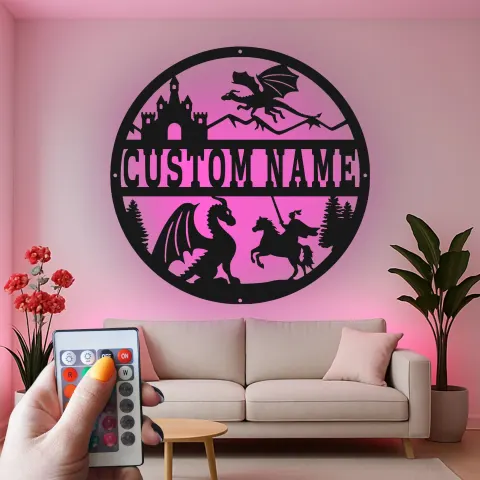 Vue alternative de Décoration murale en métal personnalisée Dragon et Château avec rétroéclairage LED Cadeau fantastique pour la chambre d'enfants Décor pour amoureux d'aventure