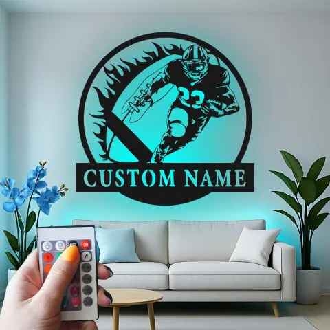 Vue alternative de Enseigne LED personnalisée football américain | Décoration murale en métal personnalisée pour man cave, chambre de garçon | Cadeau pour athlète