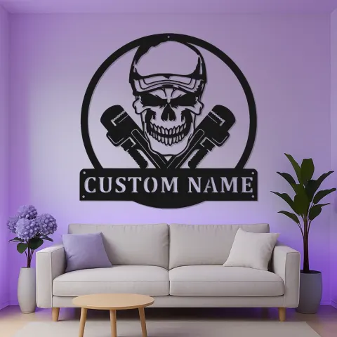 Vista alternativa de Cartel Personalizado de Calavera de Fontanero | Arte Mural LED de Metal Personalizado | Decoración de Garaje de Mecánico | Regalo de Cueva de Hombre Gótico