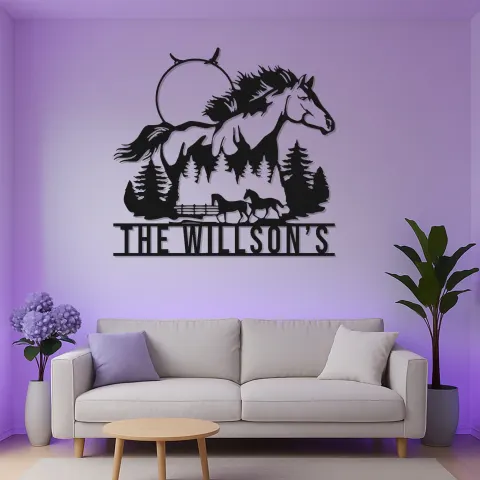 Vista alternativa de Cartel personalizado para rancho con caballo | Decoración mural LED de metal para estilo ecuestre | Luz de bienvenida farmhouse personalizada