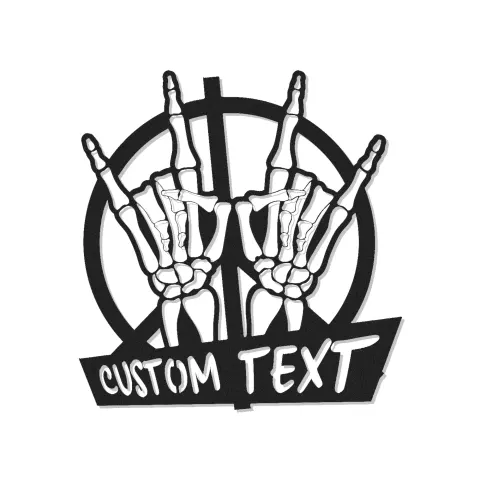 Rock On Skelett Hände Schild | Personalisierte LED Metall-Wandkunst | Individuelle Namensplakette für Musikliebhaber & gotische Dekoration