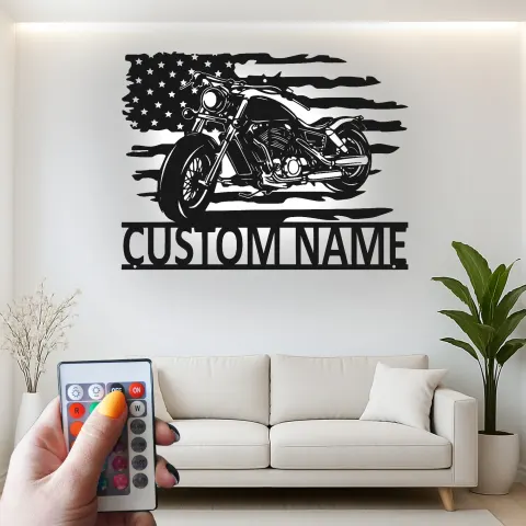 Personalisierte Motorrad-Metallschild | LED Amerikanische Flagge Wandkunst | Individuelles Biker Namensschild | Garagen-Dekor für Männer alternative Ansicht