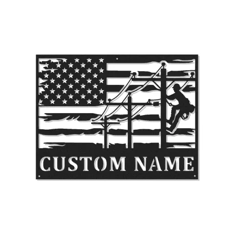Lineman American Flag Metal Sign | Custom LED Wall Art | Personalized Gift for Electrician | Patriotic Home Decor