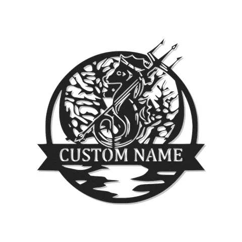 Cartel LED personalizado de caballito de mar con tridente | Arte mural de metal para casa de playa | Decoración náutica personalizada