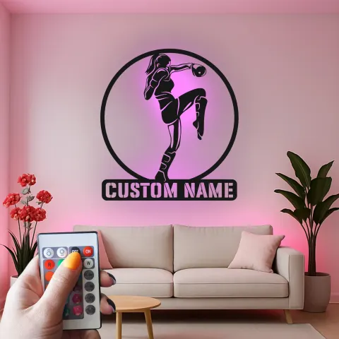 Vista alternativa de Cartel LED de luchadora de Muay Thai femenino | Arte mural de metal personalizado | Decoración de gimnasio de kickboxing y regalo de artes marciales