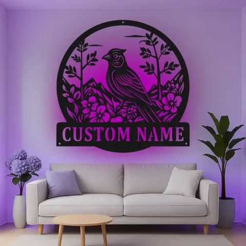Vista alternativa di Insegna in metallo LED personalizzata con cardinale - Regalo per amanti della natura, decorazione per giardino e patio