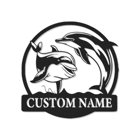 Décoration murale en métal personnalisée avec duo de dauphins et rétroéclairage LED - Cadeau pour amoureux de l'océan - Décor nautique pour maison de plage