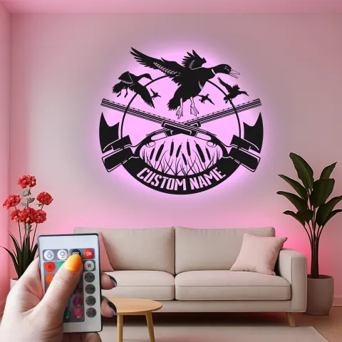 Vista alternativa di Insegna in metallo personalizzata con luce LED per la caccia all'anatra, regalo personalizzato per cacciatori, decorazione per man cave o cabin