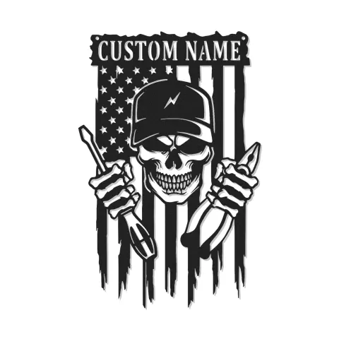 Cartel de metal personalizado de mecánico con calavera | Arte mural LED personalizado para garaje | Regalo patriótico para reparadores con bandera americana
