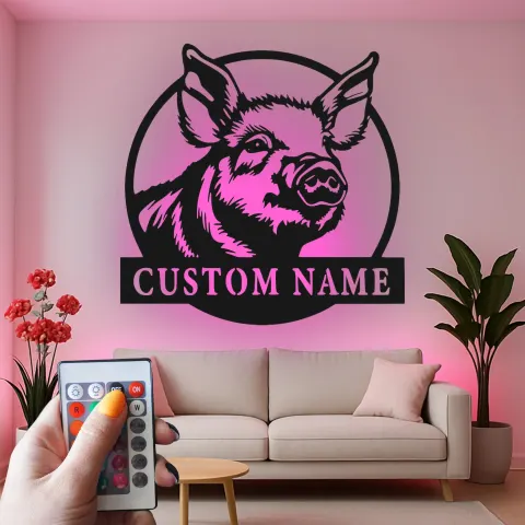 Personalized Pig Metal Sign | LED Farmhouse Kitchen Decor | Custom Rustic Wall Art for Barn or Home Gift alternate view