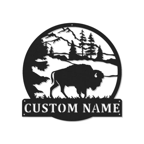 Décoration murale en métal personnalisée avec scène de montagne et bison, éclairage LED, cadeau pour amoureux de la nature, décoration de chalet rustique