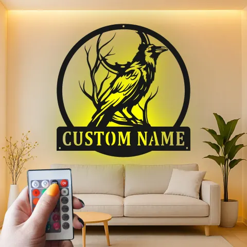 Gothic Raven LED Metal Sign | Personalized Crow Wall Art | Custom Name Decor for Home & Office alternate view