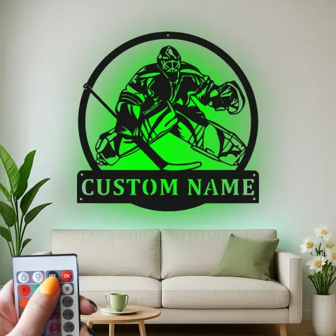 Vista alternativa de Cartel de metal personalizado de portero de hockey con luz LED regalo personalizado para aficionados al hockey decoración de sala de juegos