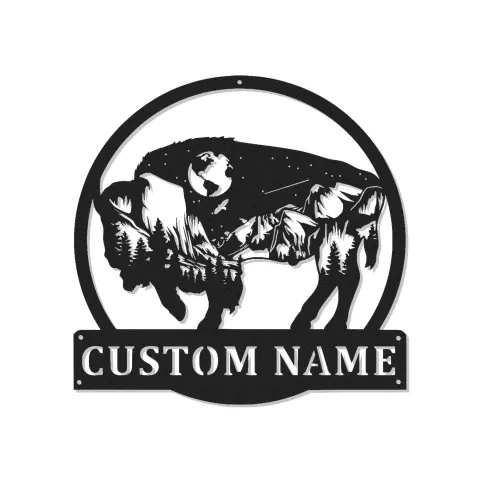 Custom Bison Mountain Scene Led Light Metal Wall Art Personalized Nature Lover Gift Rustic Home Decor