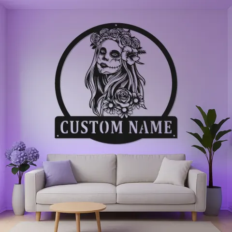 Vista alternativa di Insegna LED Personalizzata con Teschio di Zucchero | Arte da Parete in Metallo per Dia de los Muertos | Decorazione Gotica Personalizzata | Regalo per il Giorno dei Morti