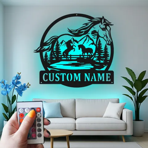 Vista alternativa de Cartel personalizado para rancho con caballo | Decoración mural LED de metal | Decoración ecuestre a medida para granero y farmhouse | Regalo para amantes de los caballos
