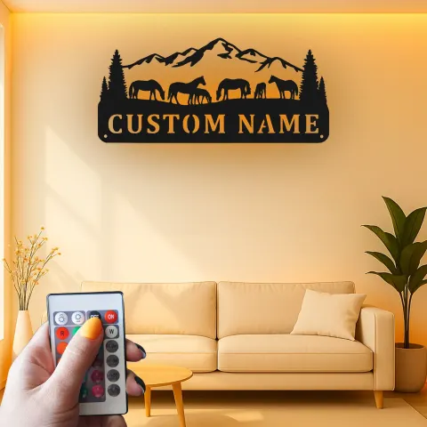 Vue alternative de Enseigne de ranch cheval sur mesure | Décoration LED en métal personnalisée | Nom de famille et scène de montagne | Décor mural farmhouse