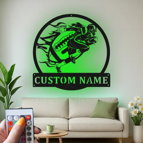 Vista alternativa de Cartel de metal personalizado de jugador de fútbol americano | Arte mural LED personalizado para habitación infantil | Regalo decorativo para deportistas en día de partido