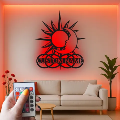Personalisierte Celestial Metall Wandkunst | LED Sonne & Mond Schild | Personalisierte Boho Dekoration | Mystisches Schlafzimmerlicht alternative Ansicht