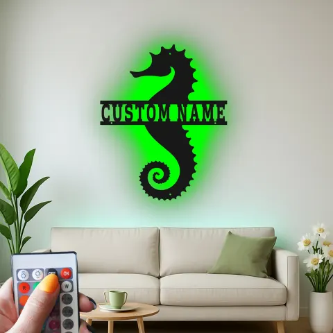 Vue alternative de Panneau Métal LED Hippocampe Personnalisé | Décoration Murale Nautique Personnalisée | Décor Maison de Plage & Cadeau pour Amoureux de l'Océan