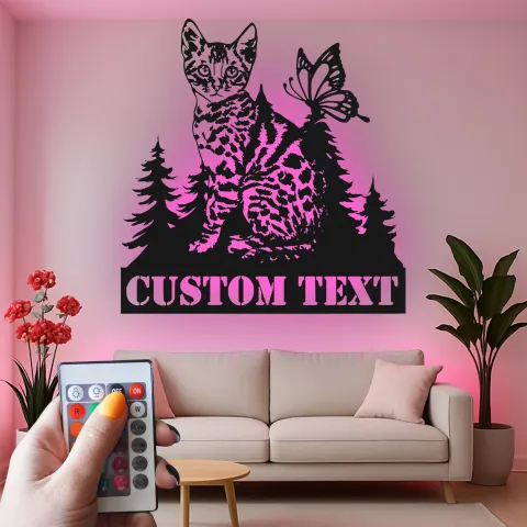 Vue alternative de Décoration murale en métal personnalisée Chat et Papillon avec rétroéclairage LED Cadeau pour amoureux des animaux Décor de chambre ou de salon