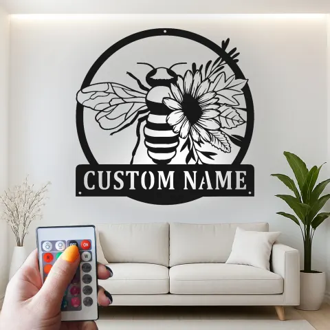 Personalisierte Biene und Blume LED Licht Metall-Wandkunst Geschenk für Gartenliebhaber Außenbereich Dekor alternative Ansicht
