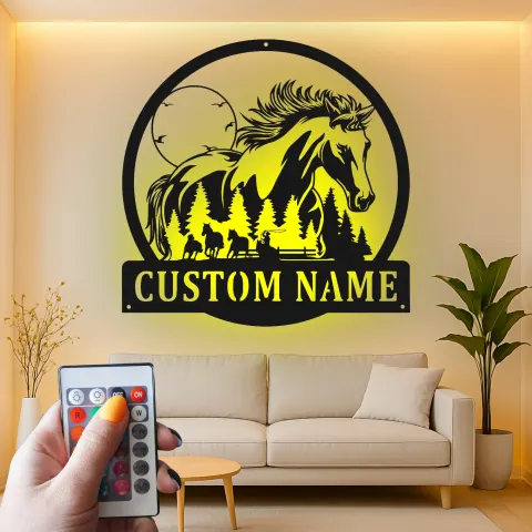 Vue alternative de Panneau LED personnalisé avec cheval | Décoration murale en métal rustique pour amoureux des chevaux