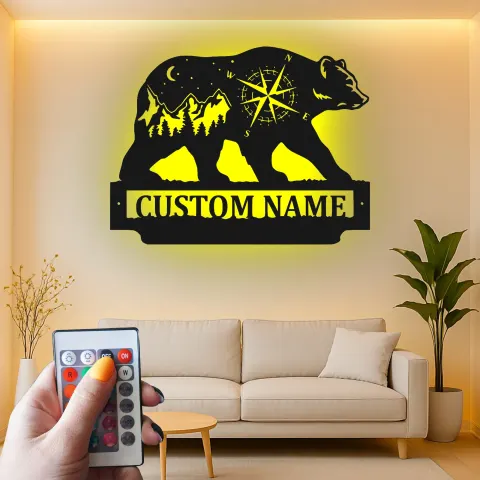 Custom Bear and Compass Led Light Metal Wall Art Personalized Gift for Nature Lovers Cabin or Lodge Decor alternate view