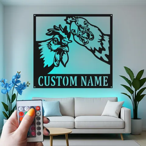 Vista alternativa de Cartel de metal LED Dúo de Pollos Personalizado Regalo de Granja Decoración de Cocina o Establo