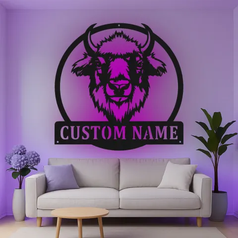 Vista alternativa di Insegna in metallo LED personalizzata con bisonte - Regalo rustico per lui - Decorazione per man cave o cabin
