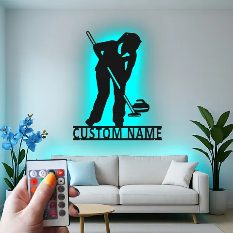 Custom Curling Player Led Light Metal Wall Art Sports Gift for Curling Enthusiasts Game Room Decor alternate view
