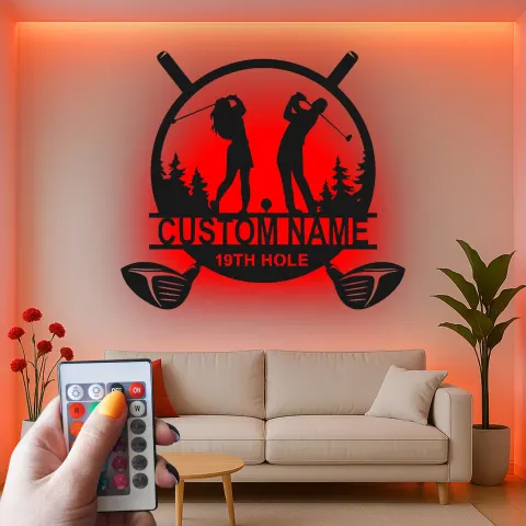Vista alternativa di Insegna golf personalizzata con LED | Arte da parete in metallo personalizzata per man cave | Regalo per coppia golfista 19th Hole