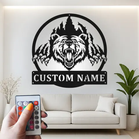 Vue alternative de Décoration murale en métal personnalisée avec ours, lumière LED, cadeau pour les amoureux de la faune, décoration de chalet rustique