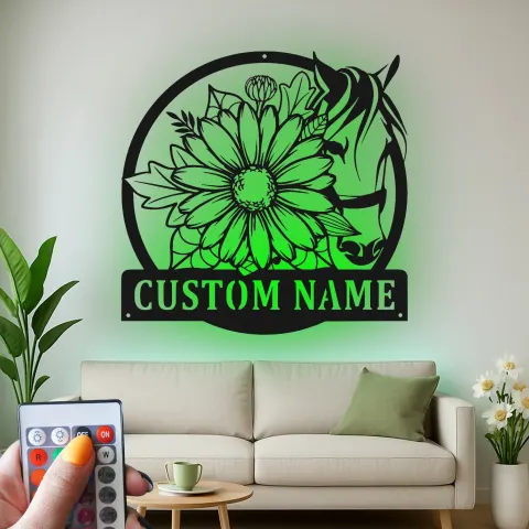 Vue alternative de Panneau Personnalisé de Cheval & Fleurs avec Rétroéclairage LED | Art Métallique Personnalisé | Cadeau Équestre & Décor de Ranch