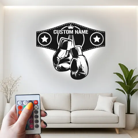 Vista alternativa di Insegna in metallo personalizzata con cintura di campione di boxe e luce LED regalo unico per pugili decorazione per palestra o man cave