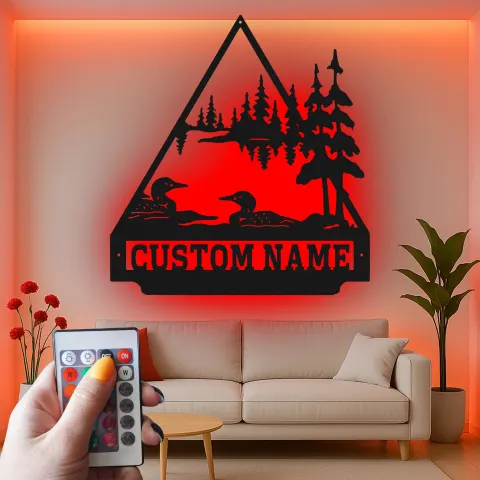 Vue alternative de Panneau en métal personnalisé Loon Lake | Décoration murale de cabine LED | Décor forestier sauvage rustique | Cadeau personnalisé pour amoureux de la nature