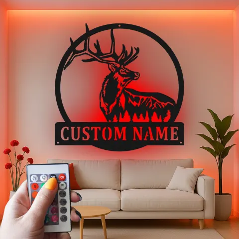 Personalisierte LED-Metall-Wandkunst mit Elch – Jagdgeschenk für Ihn, rustikale Hüttendeko alternative Ansicht