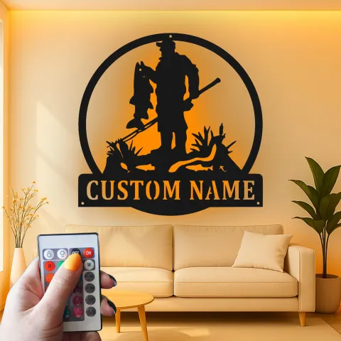 Vista alternativa de Cartel de pescador personalizado con LED | Decoración mural de metal personalizada | Decoración para casa de campo y cabaña | Regalo para pescador