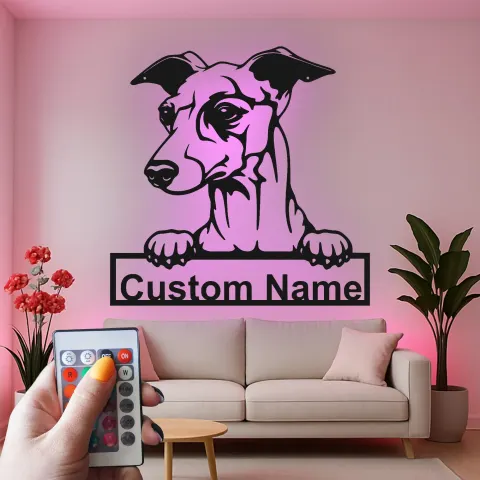 Greyhound Namensschild | LED Metall-Wandkunst | Personalisierte Haustier-Dekoration für den Eingangsbereich | Geschenk für Hundeliebhaber alternative Ansicht