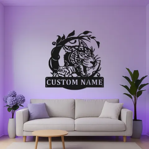Vista alternativa de Arte mural de metal LED de jaguar personalizado | Cartel de nombre personalizado para oficina y cueva de hombre | Decoración de depredador de la jungla con iluminación controlada por remoto