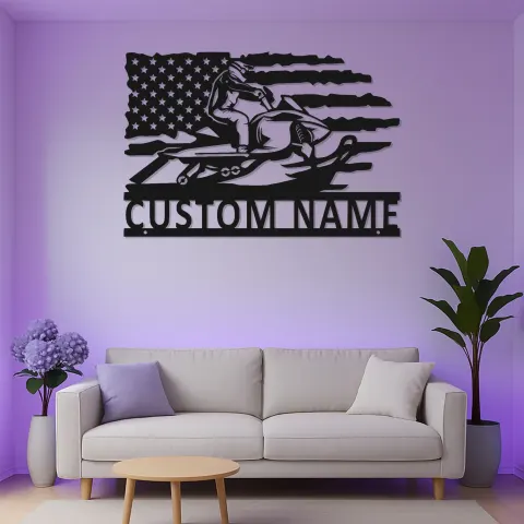 Personalisiertes Schneemobil-Metallschild | LED-Kunst mit amerikanischer Flagge | Winter-Sport-Dekor für die Garage | Geschenk für Schneemobilfahrer alternative Ansicht