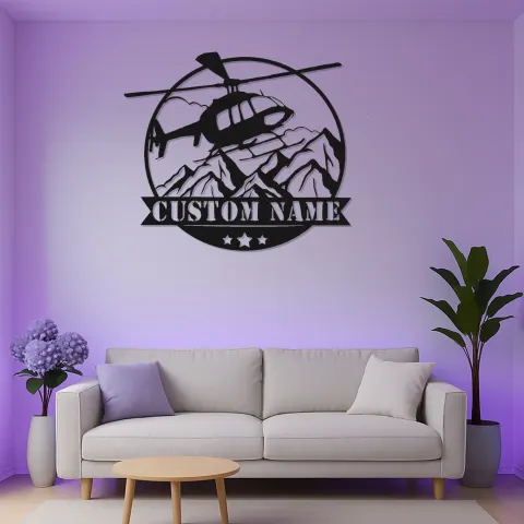 Vista alternativa de Letrero de metal de helicóptero personalizado con LED | Regalo personalizado para piloto | Decoración mural aeronáutica para oficina y sala de juegos