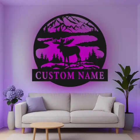 Personalisierte LED-Beleuchtung Metall Wandkunst mit Elch und Bergszene - Geschenk für Naturfreunde alternative Ansicht