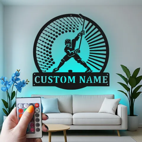 Personalized Hockey Player Sign | LED Metal Wall Art | Custom Name Decor for Game Room | Gift for Athlete alternate view