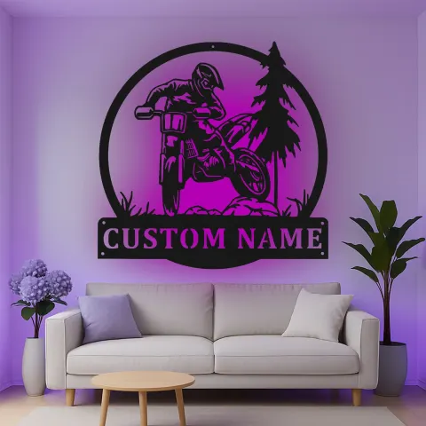 Vue alternative de Décoration murale en métal personnalisée pour motocross avec rétroéclairage LED - Cadeau pour lui, décoration de garage ou de man cave 1