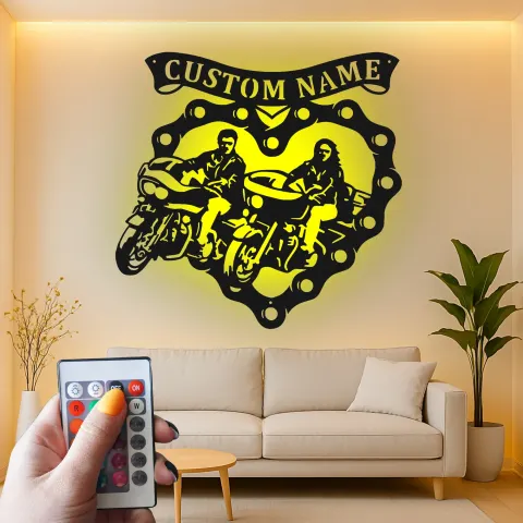 Custom Motorcycle Couple Led Light Metal Wall Art Biker Gift for Him or Her Garage or Man Cave Decor alternate view