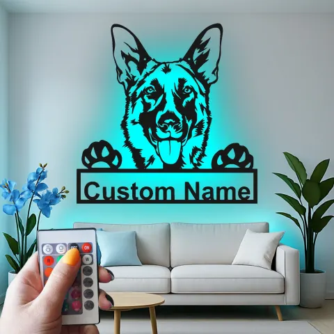 Vista alternativa di Insegna LED personalizzata con Pastore Tedesco | Arte da parete in metallo personalizzata | Regalo per amanti dei cani e decorazione commemorativa per pet