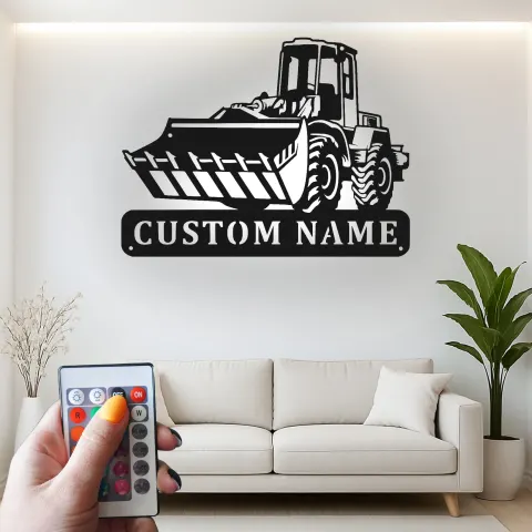 Vue alternative de Décoration murale en métal personnalisée avec rétroéclairage Bulldozer - Cadeau pour passionnés de construction - Décor de garage ou bureau