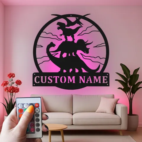 Vista alternativa di Insegna in metallo LED a forma di dinosauro personalizzata, regalo per decorare la stanza dei bambini per amanti dei dinosauri